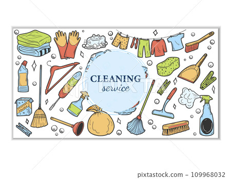Hand drawn design visiting card for cleaning service. Clean Tools Banner Hand drawn Doodle style. Illustration for visiting 109968032