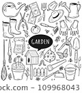 Garden tools doodle set. Outline vector Illustration, gardening and horticulture. Home Agriculture equipment. 109968043
