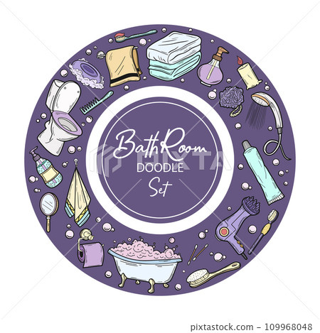Hand drawn color Bathroom icons set. Vector illustration home bath symbols collection. Doodle sketch toilet, shower, bathtub, lavatory, towel, robe Hand drawn color Bathroom icons set. Vector illustration home bath symbols collection. Doodle sketch toilet, shower, bathtub, lavatory, towel, robe 109968048