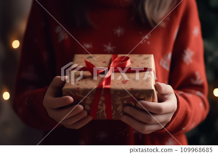 Woman holding christmas gift at home Generative AI Woman holding christmas gift at home Generative AI 109968685