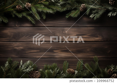 Christmas background with fir tree and decor. Top view with copy space Generative AI 109968752