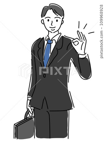 Simple line drawing of a man in a suit looking for a job with an OK sign Simple line drawing of a man in a suit looking for a job with an OK sign 109968928