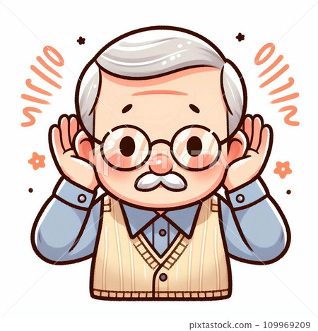 Hearing-impaired old man putting his hand on his ear 109969209