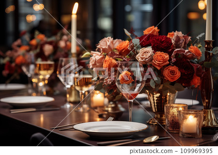 A beautiful table setting for Thanksgiving dinner in a restaurant Generative AI 109969395