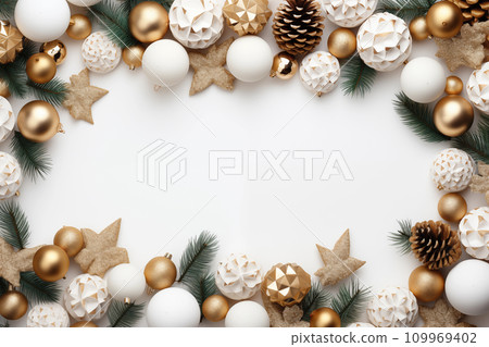 Bright Christmas frame of spruce,christmas decorations on white background,Copy space Generative AI 109969402