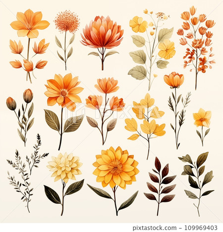 Set of watercolor fall autumn flower element for decoration give thanks cards Generative AI 109969403