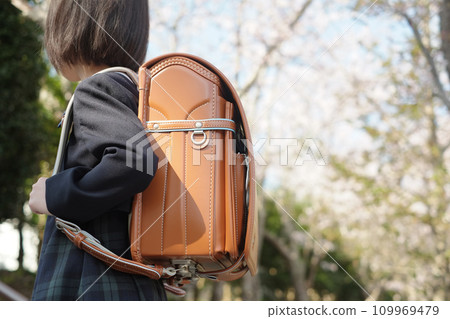 女孩背著書包行走在盛開的櫻花下的特寫 女孩背著書包行走在盛開的櫻花下的特寫 109969479