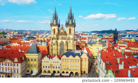 Beautiful view of the medieval cityscape and Tyn Church from Prague's Old Town Hall observation deck 109969493