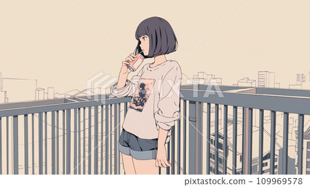 AI 生成的一名婦女在陽台上喝罐裝果汁的圖像 109969578