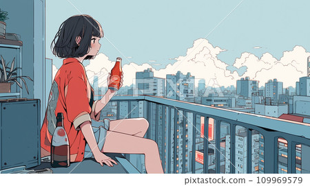 AI 生成的一名婦女在陽台上喝罐裝果汁的圖像 109969579