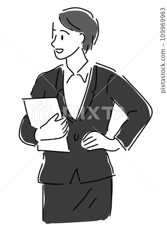 Simple line drawing of a woman in a suit holding documents Simple line drawing of a woman in a suit holding documents 109969963