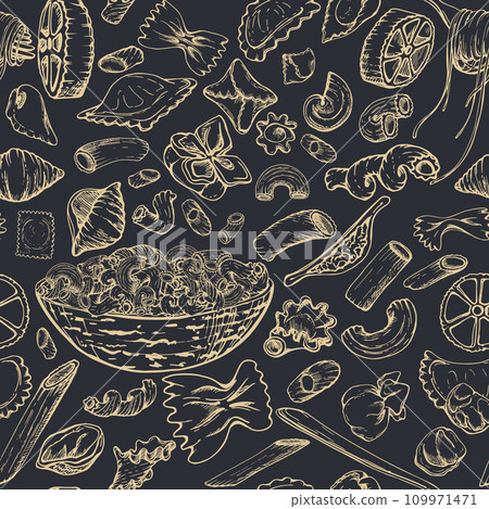 Hand drawn vector ink illustration. Different types of pasta Italian cuisine dish assortment penne ravioli spiral. Seamless pattern isolated on dark. Restaurant menu, food shop package, flyer, print. 109971471