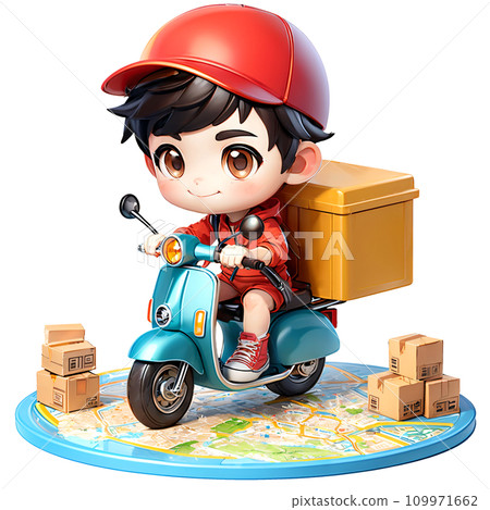 Delivery man riding a scooter illustration. Food delivery man Delivery man riding a scooter illustration. Food delivery man 109971662