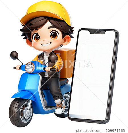 Delivery man riding a scooter illustration. Food delivery man with smartphone 109971663