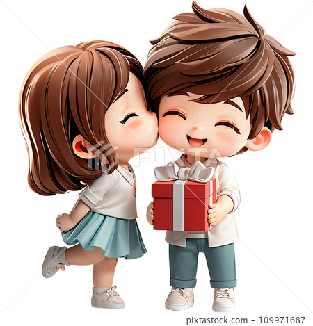 Happy young couple standing celebrating, holding gift box, kissing Happy young couple standing celebrating, holding gift box, kissing 109971687