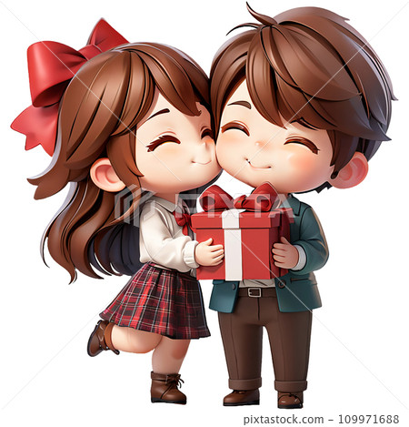 Happy young couple standing celebrating, holding gift box, kissing 109971688