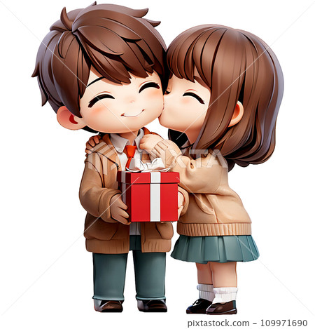 Happy young couple standing celebrating, holding gift box, kissing Happy young couple standing celebrating, holding gift box, kissing 109971690