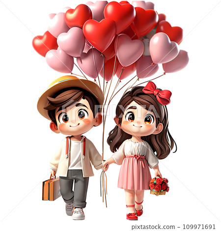 Valentine Couple. Smiling Beauty Girl and her Handsome Boyfriend holding bunch of heart shaped air balloons and walking. Happy Joyful Family. Love. Happy Valentine's Day Valentine Couple. Smiling Beauty Girl and her Handsome Boyfriend holding bunch of heart shaped air balloons and walking. Happy Joyful Family. Love. Happy Valentine's Day 109971691