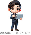 Businessman with laptop computer showing his thumbs up. 109971692