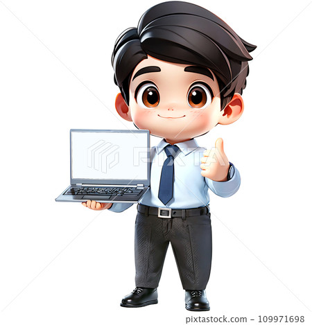 Businessman with laptop computer showing his thumbs up. 109971698