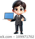 Businessman with laptop computer showing his thumbs up. 109971702
