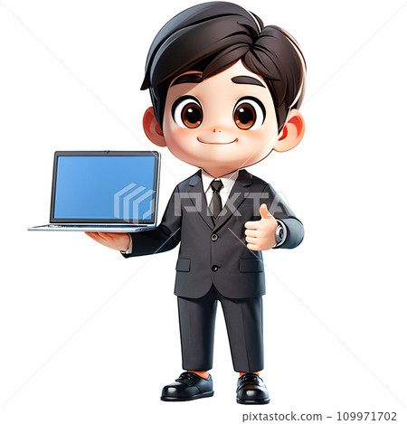 Businessman with laptop computer showing his thumbs up. Businessman with laptop computer showing his thumbs up. 109971702