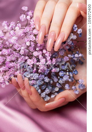 Female hands with pink nail design hold gypsophila flowers. Female hands with pink nail design hold gypsophila flowers. 109972400