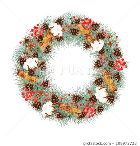 Christmas wreath isolated on white background. 2024. Clipart. Watercolor hand drawn art illustration. For cards, handmade textiles, prints, menus, poster Christmas wreath isolated on white background. 2024. Clipart. Watercolor hand drawn art illustration. For cards, handmade textiles, prints, menus, poster 109972728