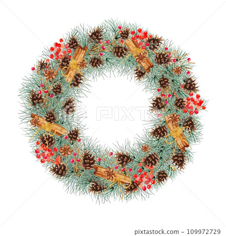 Christmas wreath isolated on white background. 2024. Clipart. Watercolor hand drawn art illustration. For cards, handmade textiles, prints, menus, poster 109972729