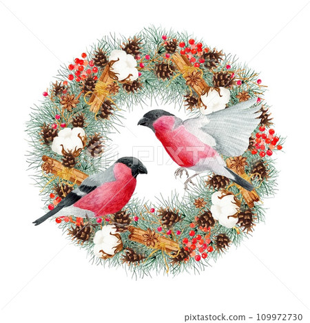 Christmas wreath with bullfinches isolated on white background. Clipart. 2024. Watercolor hand drawn art illustration. For cards, handmade textiles, prints, menus, poster Christmas wreath with bullfinches isolated on white background. Clipart. 2024. Watercolor hand drawn art illustration. For cards, handmade textiles, prints, menus, poster 109972730
