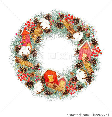 Christmas wreath with houses isolated on white background. 2024. Clipart. Watercolor hand drawn art illustration. For cards, handmade textiles, prints, menus, poster 109972731