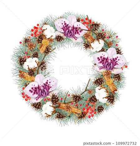 Christmas wreath with flowers isolated on white background. 2024. Clipart. Watercolor hand drawn art illustration. For cards, handmade textiles, prints, menus, poster 109972732