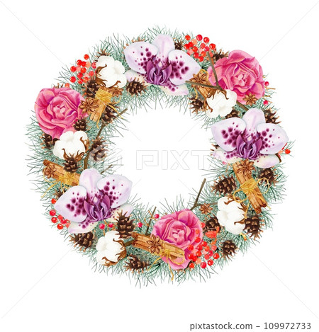 Christmas wreath with flowers isolated on white background. 2024. Clipart. Watercolor hand drawn art illustration. For cards, handmade textiles, prints, menus, poster 109972733