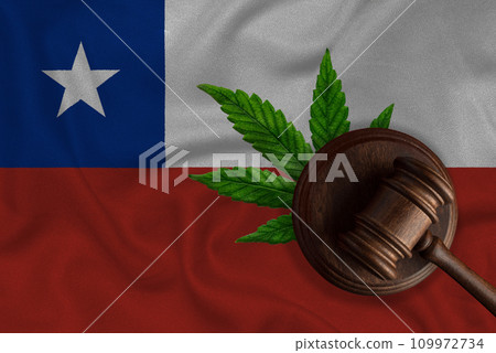 Flag of Chile and justice gavel with cannabis leaf. Illegal growth of cannabis plant and drugs spreading 109972734