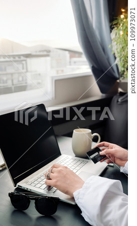 Elegantly poised, a woman's hands gracefully utilize a laptop and credit card for seamless online Elegantly poised, a woman's hands gracefully utilize a laptop and credit card for seamless online 109973071
