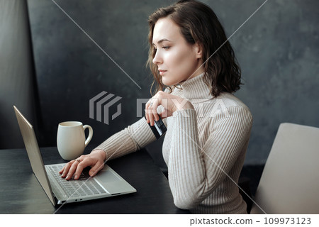 Young Woman's Online Shopping. Holding Credit Card and Using Laptop Computer. Young woman holding 109973123