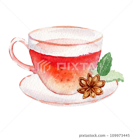 mug with red tea isolated on white background. 2024. Clipart. Watercolor hand drawn art illustration. For cards, handmade textiles, prints, menus, poster. mug with red tea isolated on white background. 2024. Clipart. Watercolor hand drawn art illustration. For cards, handmade textiles, prints, menus, poster. 109973445