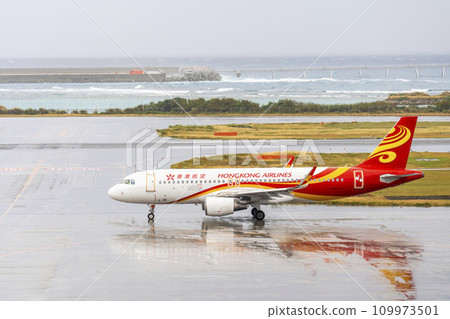 Rainy airport, plane taxiing, Naha City, Okinawa Prefecture 109973501