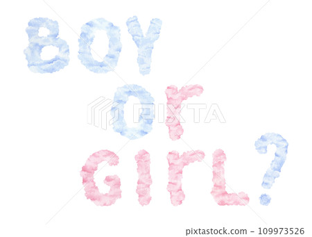 Boy or Girl. Watercolor illustration for prints at the Baby gender reveal party. Hand drawn on white isolated background. Drawing of cloud text for stickers and cards 109973526