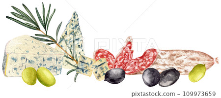 Various olives. Rosemary branch. Slices of sausage fuet with white mold. Varieties blue cheese. Clipart. Watercolor, art illustration isolated. For cards, menus, posters. 109973659