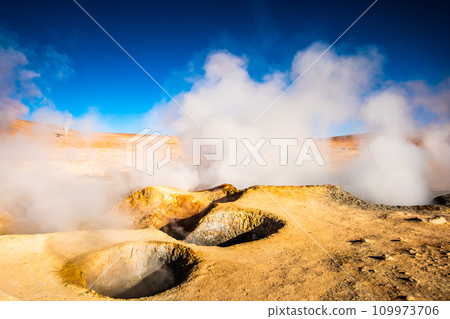 Sunshine steaming geysers in Bolivia Sunshine steaming geysers in Bolivia 109973706