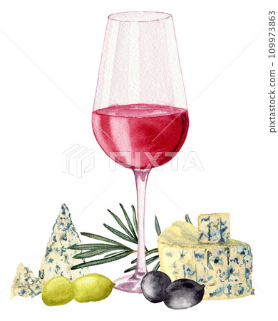 Glass with red wine. Various olives. Rosemary branch. Slices of sausage fuet with white mold. Varieties blue cheese. Clipart. Watercolor, art illustration isolated. For cards, menus, posters. 109973863