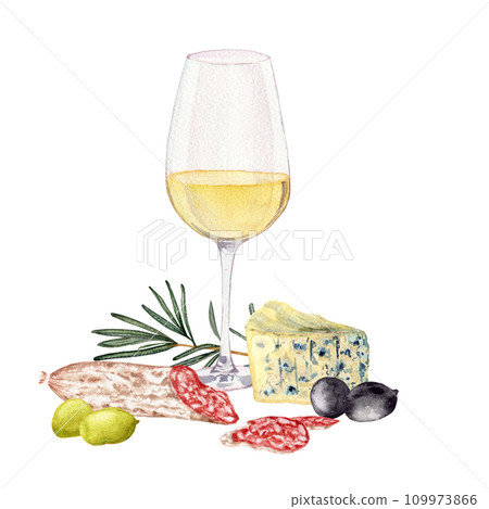 Glass of white wine. Olives. Rosemary. Slices of sausage fuet with white mold. Varieties blue cheese. Clipart. Watercolor, art illustration isolated. For cards, menus, posters. 109973866