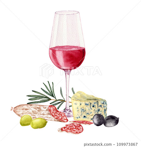 Glass with red wine. Olives. Rosemary. Slices of sausage fuet with white mold. Varieties blue cheese. Clipart. Watercolor, art illustration isolated. For cards, menus, posters. 109973867