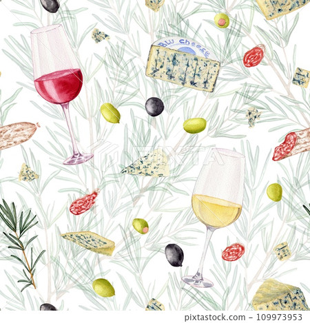 Two glasses with white and red wine. Olives. Rosemary. Slices of sausage fuet with white mold. Varieties blue cheese. Pattern. Clipart. Watercolor, art illustration isolated. For cards, menus, poster 109973953