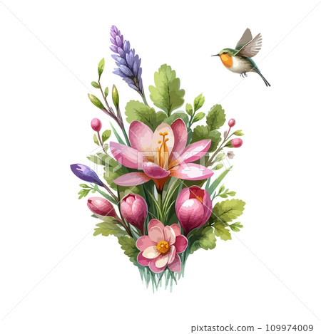 Spring flowers Easter watercolor composition. Spring flowers Easter watercolor composition. 109974009