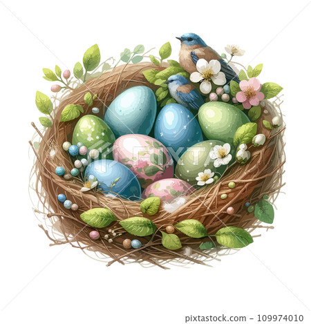 Spring Easter watercolor composition. Easter eggs in nest with flowers. Spring Easter watercolor composition. Easter eggs in nest with flowers. 109974010