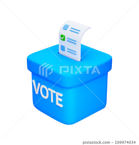 3D Cartoon Ballot Box and Putting in it Ballot Paper with Check Mark Isolated on White Background. Design Element for Election Campaign Concept. Vector Illustration of 3D Render in Cartoonish Style. 109974034