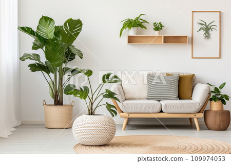 Minimal living room with indoor plants. Bright authentic home interior. Home gardening and biophilic design Minimal living room with indoor plants. Bright authentic home interior. Home gardening and biophilic design 109974053