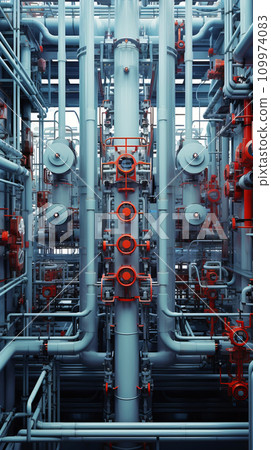 Pipeline and pipe rack of petroleum, chemical, hydrogen or ammonia industrial plant. Industrial zone, vertical format Pipeline and pipe rack of petroleum, chemical, hydrogen or ammonia industrial plant. Industrial zone, vertical format 109974083